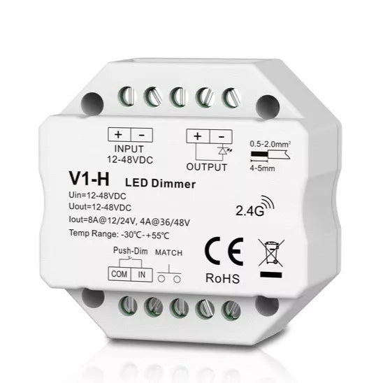 V1-H nuolatinės įtampos valdiklis 12-48V, 1x 8A, Push-Dimm