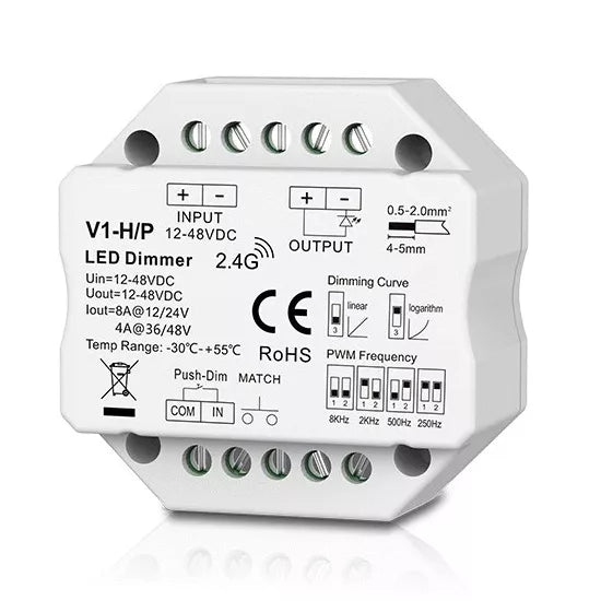 V1-H/P nuolatinės įtampos valdiklis, 12-48V, 1x 8A, Push-Dimm