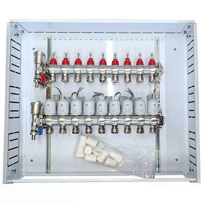 Grindinio šildymo kolektorius 9 kontūrų su terminėmis pavaromis NC AC230V ir debitomačiais