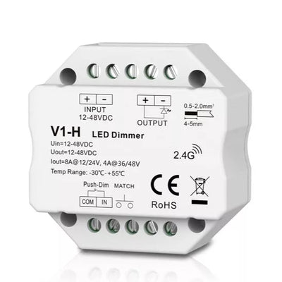 V1-H nuolatinės įtampos valdiklis 12-48V, 1x 8A, Push-Dimm
