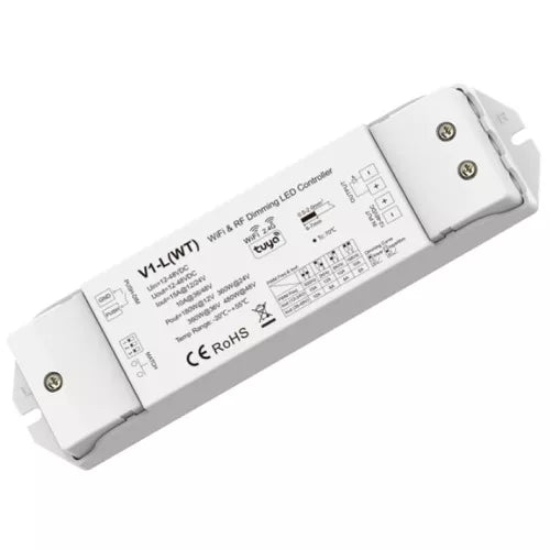 V1-L(WT) nuolatinės įtampos valdiklis 12-48V, 1x15A, Push-Dimm, Tuya, Wi-Fi