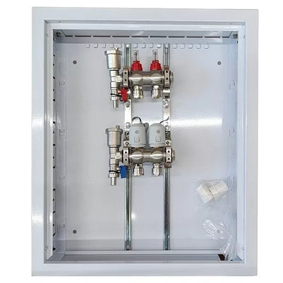 Grindinio šildymo kolektorius 2 kontūrų su terminėmis pavaromis NC AC230V ir debitomačiais