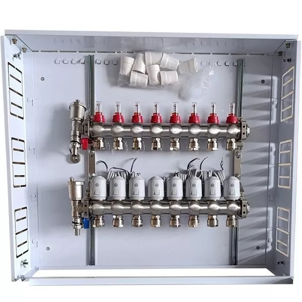Grindinio šildymo kolektorius 8 kontūrų su terminėmis pavaromis NC AC230V ir debitomačiais
