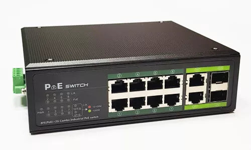 Industrinis PoE šakotuvas 100Mbps 8portų+2G uplink RJ45 arba SFP portai, -40 °C, IEEE802.3af/at